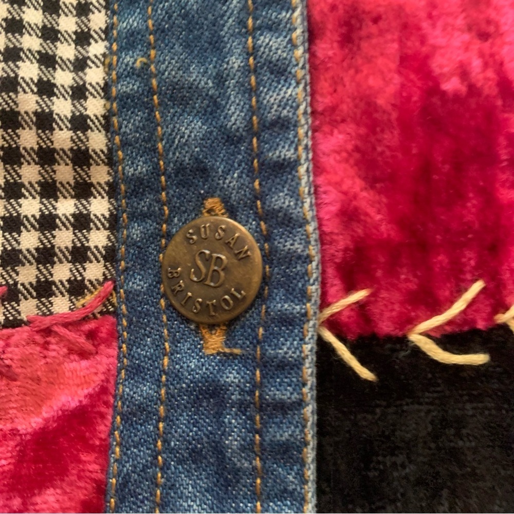 Vintage Susan Bristol Patchwork Denim Vest Embroidered Velvet Floral Size L - Picture 9 of 12